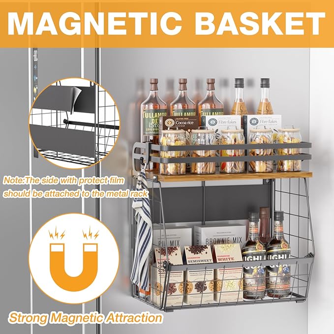 Magnetic Shelf for Fridge with Wood Lid, Large Capacity Wire Basket Magnetic Spice Rack for Refrigerator Kitchen Storage Bin for Fruit, Onion, Potatoes, Storage Organizer for Counter & Cabinet, Black
