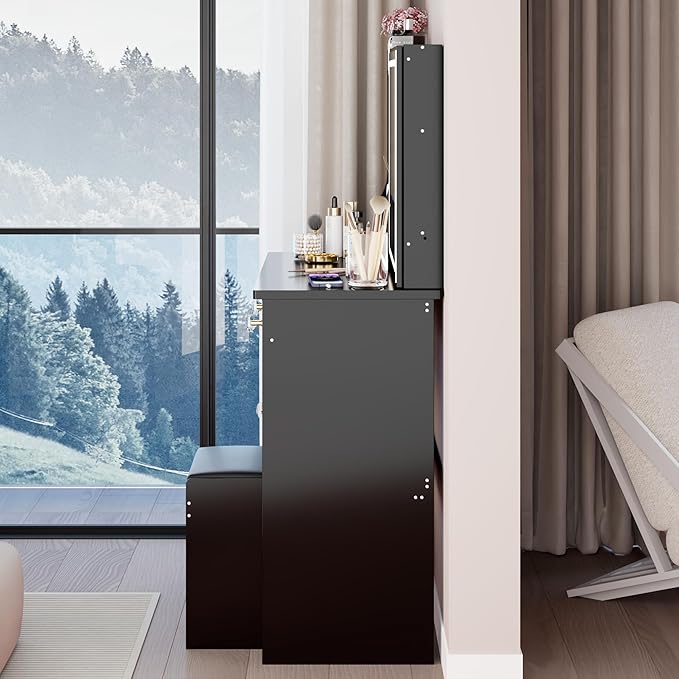 KEIKI Vanity Desk with Sliding Mirror & Cushioned Stool, 37'' Makeup Dressing Table Set for Bedrooms, Dorms, Apartments, Black