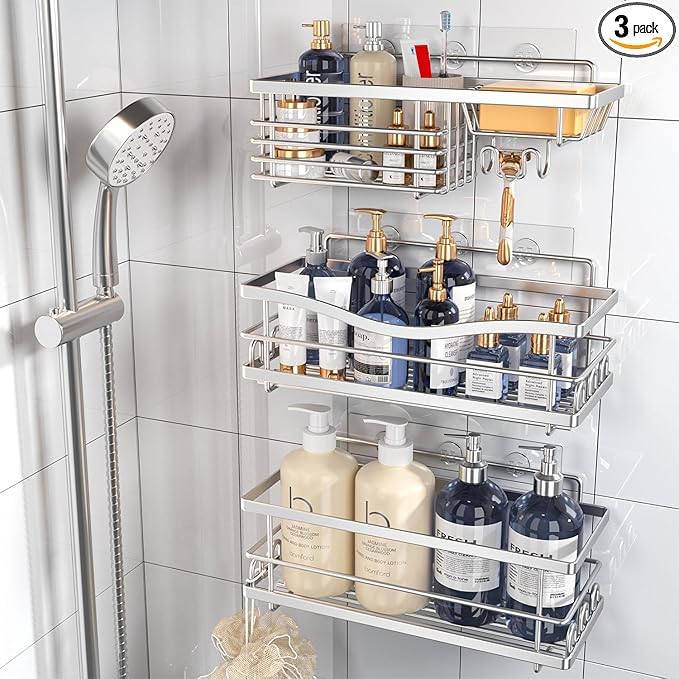 Shower Caddy, 3 Pack Large Capacity Bathroom Organizers and Storage, No Drilling Adhesive Rustproof Shelves with Soap Holder, Home Decor, Silver