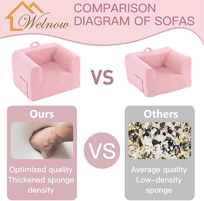 Welnow Kids Sofa with Pillow, Cozy Toddler Chair Soft Foam Seat for Reading, Children's Couch with Armrest Lightweight Comfy Kids Furniture for Bedroom, Playroom for Boys and Girls, Sherpa Pink