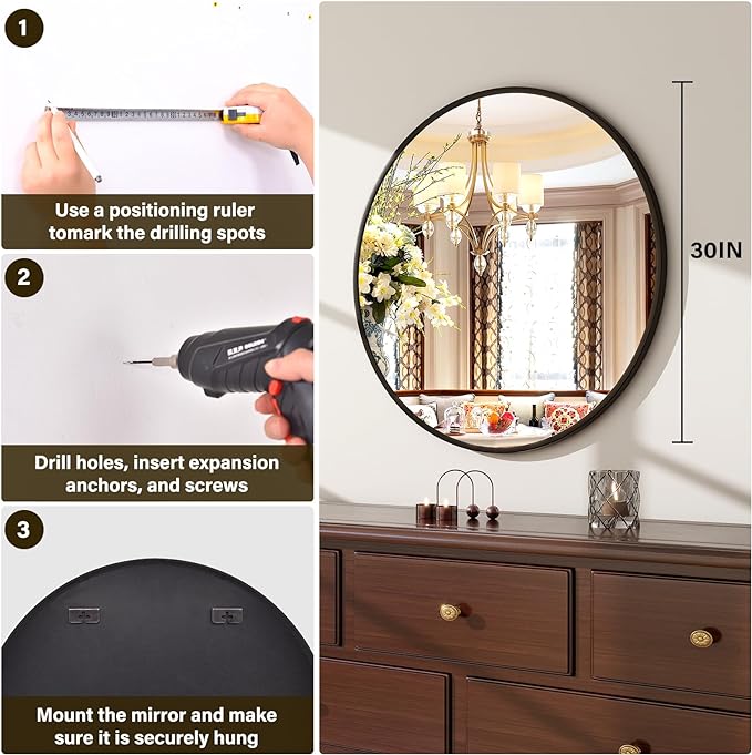 30 Inch Round Mirror - Circle Mirrors for Bathroom, Entryway and Living Room Wall Decor, Modern Hanging Vanity Mirror, Matte Black Circle Decorative Wall Mirror