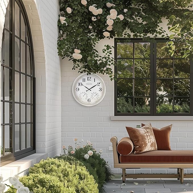 Presentime & Co 16" Farmhouse Series in/Outdoor Clock with Thermometer & Hygrometer, Weathered White Color. Weather Thermometer, Weather Station, Farmhouse Décor, Outdoor Décor, Wall Décor.