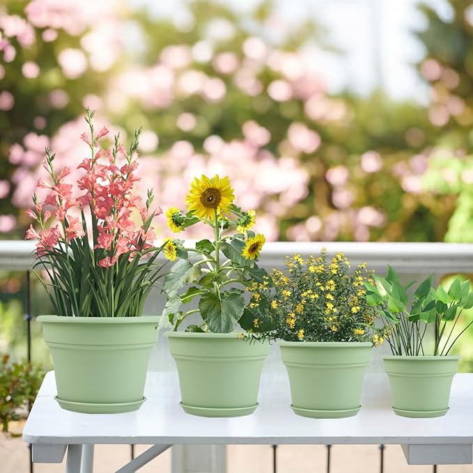 13 Inch Plastic-Flower-Pot-for-Indoor-Plants, 4 Pack Large Outdoor Planter Pot with Drainage Holes & Saucers, Resin Decorative Garden Pots Planters
