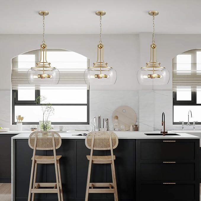 WUZUPS Chandelier Rustic Farmhouse Industrial Round Ceiling Pendant LED Light Fixture Clear Seeded Glass Shade for Dining Room Kitchen Island Foyer Entryway, H 20.9" x W 15.9", Gold