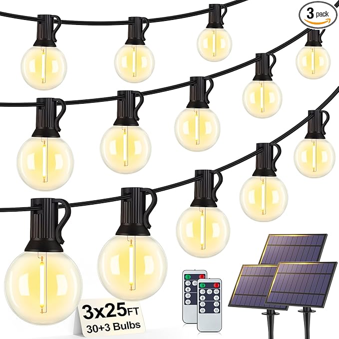 75FT(3x25FT) Solar String Lights Outdoor with Remote, Waterproof Dimmable 3 Modes Patio Lights with 30+3 LED G40 Bulbs for Balcony Yard-Black