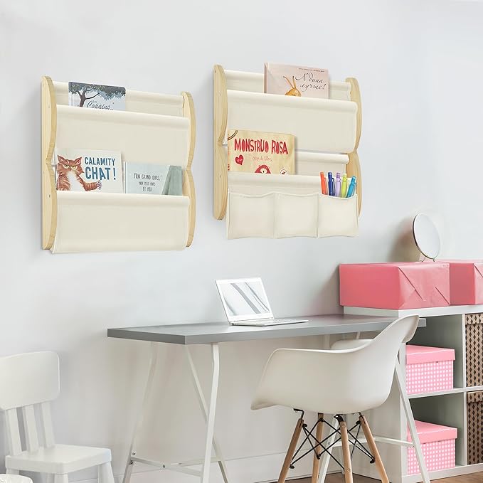 Wooden Wall Mounted Bookshelf for Kids Rooms, 4 Tier Floating Nursery Book Shelf, Kids Bookshelf with 2 Pockets, Toddler Sling Book Rack with Deep Sleeves (Beige)