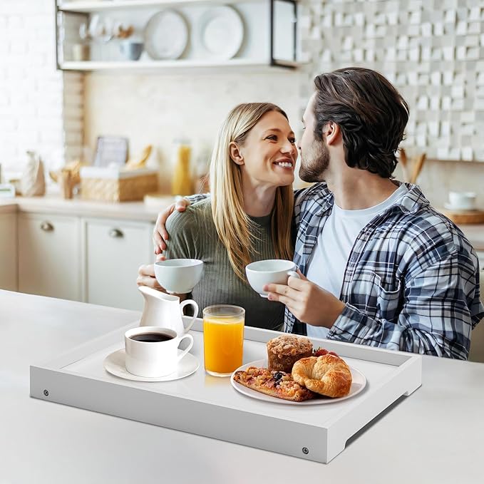 Bamboo Bed Tray Table with Foldable Legs, Breakfast Tray, Laptop Desk for Bed or Sofa,Food,Dinner,Serving,TV Table,Kitchen,Eating,Working (White)