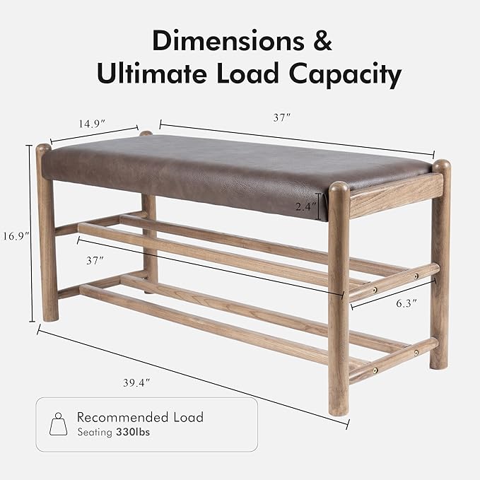 Solid Wood Entryway Bench with Shoe Storage, Rustic Oak Wood and PU Leather 39.4 Inch Long Seating for Living and Dining Rooms, 3-Tier Brown