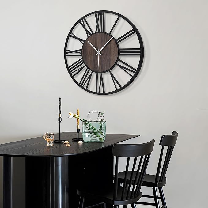 LEIKE Large Wall Clocks,Silent,Non Ticking,Battery Operated Small Vintage Round Modern Wood Wall Clock for Living Room, Bedroom,Kitchen,Farmhouse,Office Decor-13.5 Inch(Black-Roman Numerals)