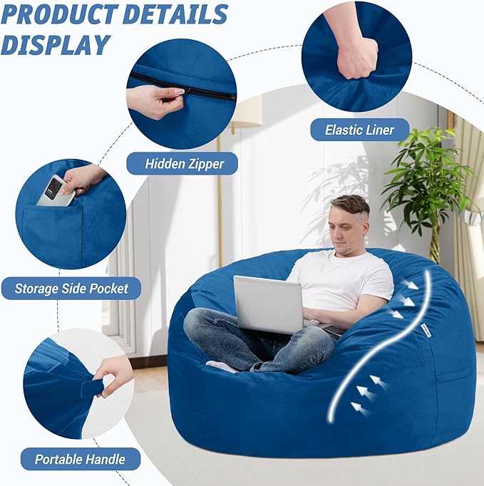 3FT Bean Bag Chair with Ultra Soft Velvet Cover Bean Bag Sofa with Memory Foam Bean Bag Chairs with Large Size Lazy Sofa for Dorm Office Living Room Bedroom Blue 3'