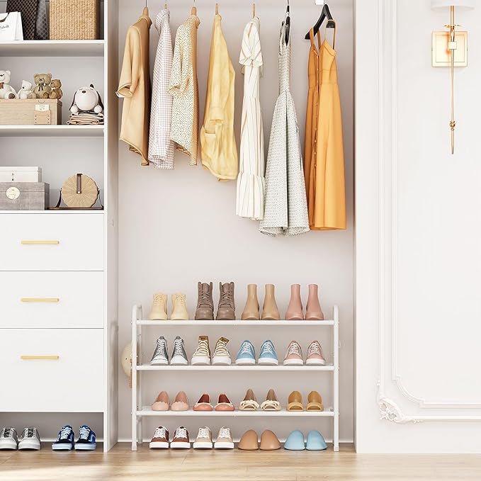 3 Tier Shoe Rack 33" Wide Metal Shoe Organizer Long Shoe Storage with 4 Side Hooks Sturdy Shoes Shelf for Front Door Entrance, Closet, Garage, Dorm, White