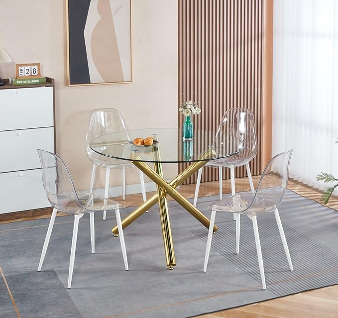 Round Glass Dining Table,Glass Dining Room Table with Tempered Glass Tabletop and Metal Legs, Modern Style Glass Kitchen Table for Home, Kitchen, Dining Room