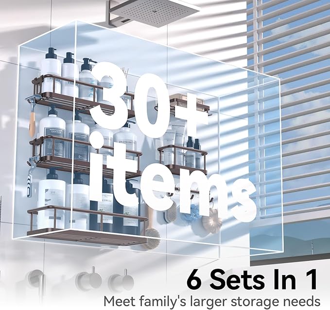 YASONIC Shower Caddy, 6 Pack Large Capacity shower Organizer with Soap Holder and 12 Hooks, Rustproof Shower Shelves for Inside Shower, No Drilling&Sleek Bathroom Organizers and Storage Bronze