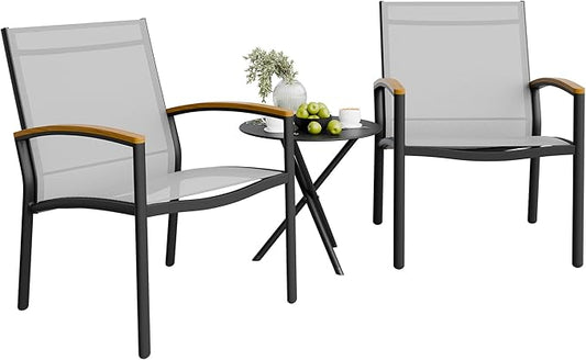 Shintenchi 3 Pieces Patio Bistro Sets, Outdoor Textilene Fabric Conversation Bistro Set, Textilene Fabric Front Porch Chairs Small Patio Furniture Set with Table for Lawn,Garden,Balcony (Grey)