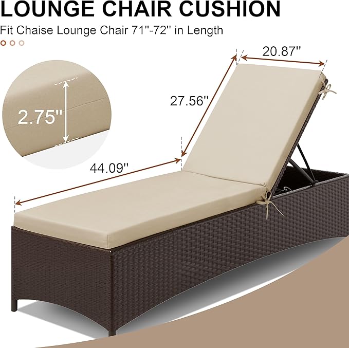 Crestlive Products Sunbrella Chaise Lounge Cushions Set of 2, Outdoor Cushions for Patio Furniture, Waterproof Lounge Chair Cushions for Pool, Deck, Lawn, 72''L x 21''W, Canvas Antique Beige