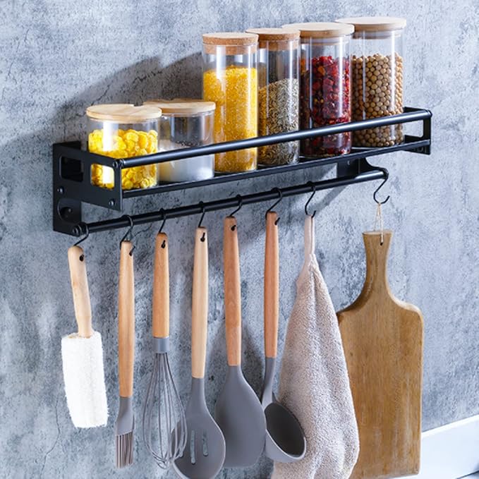 Wall Mount Storage Holder，Stainless Steel Strong Shelf with 6 Removable Hooks, Spice Rack Organizer，Kitchen Organizer Shelf, Space Saving Spice Rack and Kitchen Storage (black)