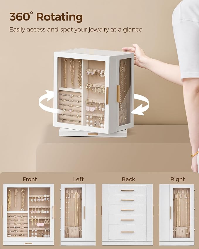 360° Rotating Jewelry Box with 5 Drawers, Spacious Vertical Jewelry Organizer with Glass Window, Jewelry Storage Case, Dustproof & Moisture-resistant Design, White