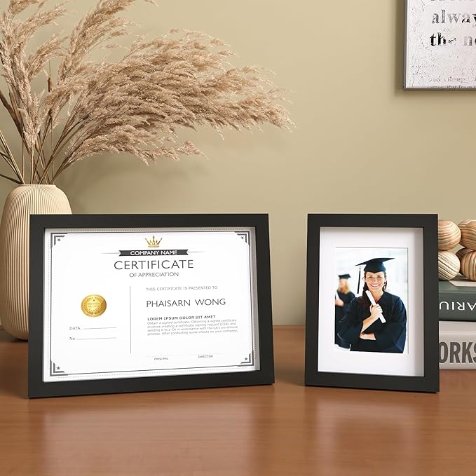 KINLINK A4 Picture Frame, Black Solid Wood Frames with Acrylic Plexiglass for Pictures A5 with Mat or A4 without Mat, Tabletop and Wall Mounting Display 4 Pack