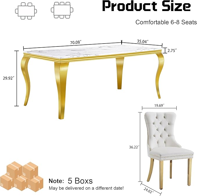 7-Piece Dining Table Set for 6, Faux Marble Dining Table Set with 70'' Marble Dinner Table and 6 Velvet Wing Back Chairs for Kitchen, Dining Room, White & Gold