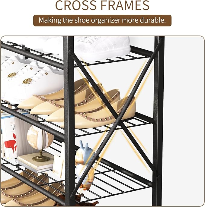 6 Tiers Metal Shoe Rack，Large Capacity Shoe Rack Holds 24 Pairs of Shoes, Durable and Stable, Adjustable Metal Shelf Stackable Shoe Shelf for Entryway, Hallway, Living Room, Closet