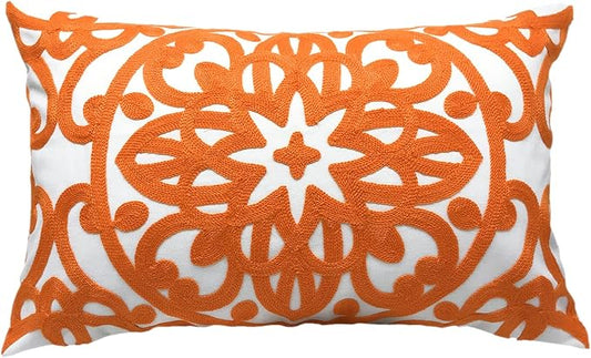 Alysheer Embroidered Lumbar Decorative Throw Pillow Cover 12"x 20", Classic Boho Mandala Embroidery Pattern Cotton Rectangular Cushion Case for Sofa Couch Living Room Bedroom (Bright Orange)