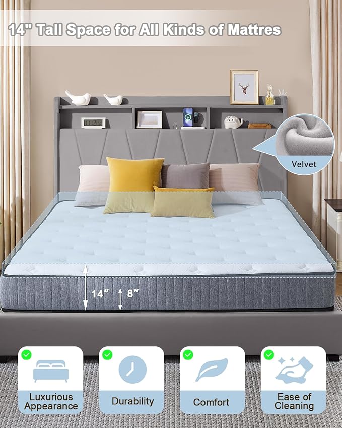 Queen Bed Frame, Velvet Upholstered LED Platform Bed with Headboard Storage, Queen Bed Built-in Charging Station with 4 Drawers, Wood Slat Support, No Box Spring Needed, Grey