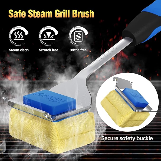 Grill Brush Bristle Free for Outdoor Grill, Steam Grill Cleaning Brush Replaceable BBQ Cleaner Brush Head,Extended Handle, Safe Grill Brush with Scraper for Cast Iron Stainless-Steel Grates,Blue