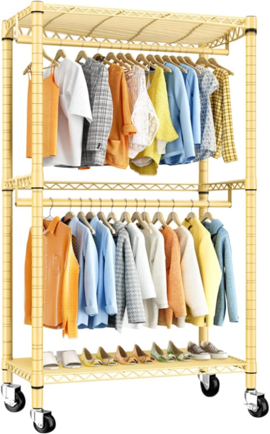 Raybee 79" H Heavy Duty Rolling Garment Rack for Hanging Clothes Adjustable Clothing Rack with Wheels, Hanging Rods,79" H X35.5 W X15.7 D,Yellow