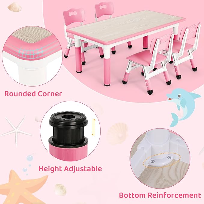 Arlopu Kids Table and 4 Chair Set, Height Adjustable Toddler Table and Chair Set, Non-Slip Legs, Graffiti Desktop, Large Children Activity Table, Reading Daycare Classroom Home (Pink)