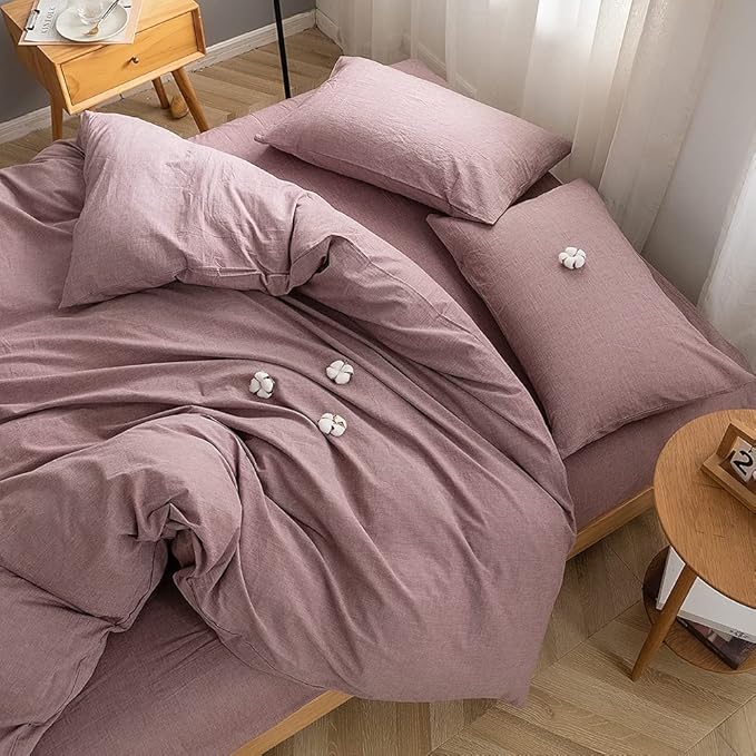 Face Two Face Bedding Duvet Cover Set 3 Pieces 100% Washed Cotton Duvet Cover Linen Like Textured Breathable Durable Soft Comfy (California King, Purple Bean Paste)