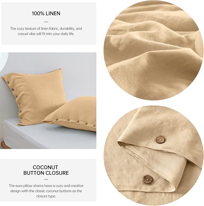 Simple&Opulence 100% Washed Linen Euro Sham Cover, 26 x 26 Inch, Decorative Bed Pillow Cover with Coconut Button, Solid Color Pillow Shams Set of 2 (Sand)