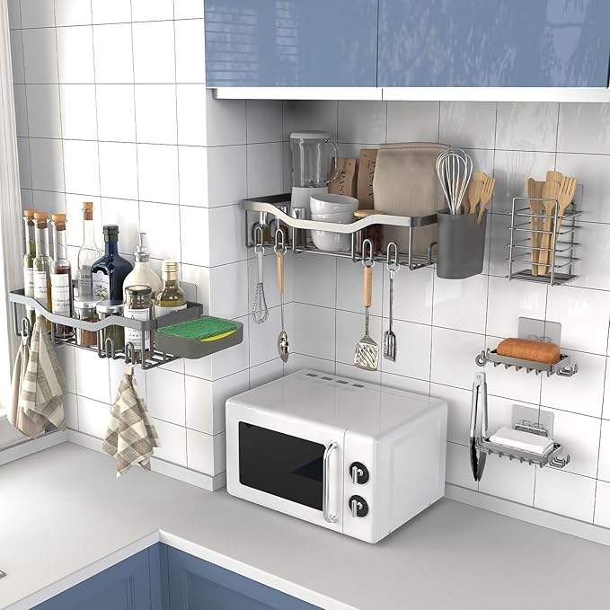 Shower Caddy Adhesive Shower Organizer 7-Pack, Rustproof Stainless Steel Bathroom Shelves, Large Capacity No-Drill Rack Storage Accessories with Soap Dish Toothbrush Holder Hooks (Gray)