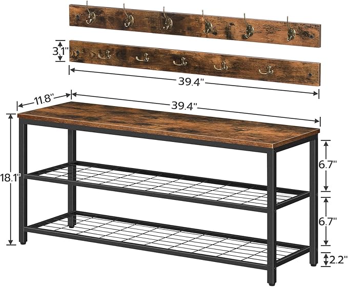 HOOBRO Hall Tree with Bench, Coat Rack Shoe Bench Set, Entryway Shoe Rack with Coat Hooks, Hall Tree, 39.4" L x 11.8" W x 18.1" H, Industrial, for Front Door, Rustic Brown BF071MT01G1