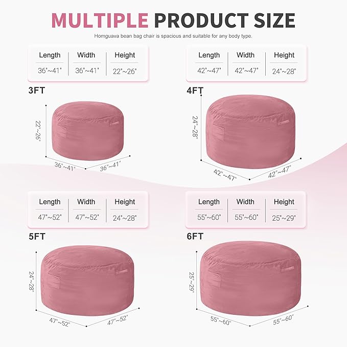 Homguava 5 FT Bean Bag Chair: 5' Bean Bags with Memory Foam Filled, Large Beanbag Chairs Soft Sofa with Dutch Velvet Cover-Dusty Pink