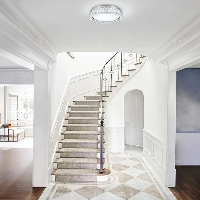 LamQee Crystal Flush Mount Ceiling Light Fixture, Dimmable LED Modern Close to Ceiling Light, Hallway Light Fixtures Round Ceiling Chandelier for Bedroom Kitchen Bathroom Closet Dining Room 13.78 inch