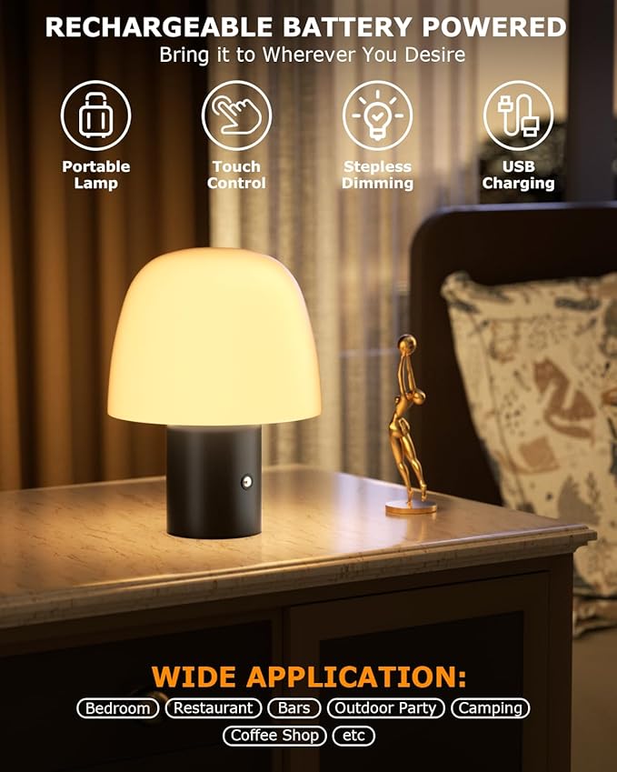 Portable LED Table Lamp, Cordless Desk Lamp Rechargeable, 3-Color Touch Stepless Dimming Night Light for Bedroom/Children's Room/Terrace/Dining Room/Cafe (Black)