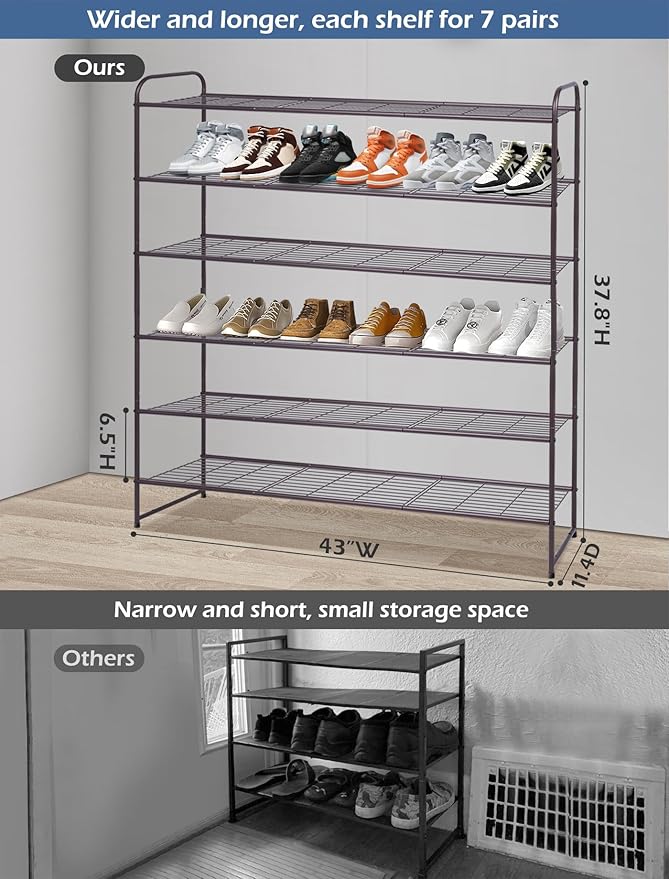 KEETDY Long 6 Tier Shoe Rack Organizer Tall Metal Shoe Organizer for Entryway Bedroom Floor Garage, Wide Shoe Shelf Storage Fits 42 Pairs Men Sneakers, Bronze