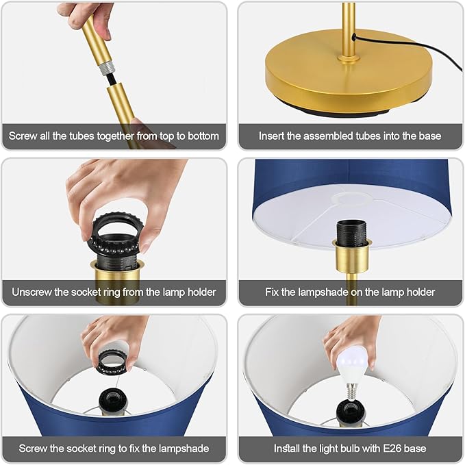 Floor Lamp Blue, Standing Lamp, 58" Tall Floor Lamp with Lampshade, Foot Pedal Switch, Modern Simple Floor Lamps for Living Room/Bedroom/Den/Classroom, Gold Lamp for Boys' Gift(Without Bulb)