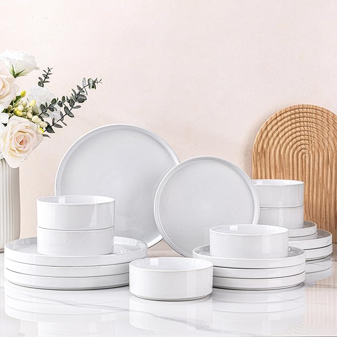 Dinnerware Set for 8, GBhome 24 Piece Speckled Plates and Bowls Set with Glazed Bottom, Chip and Scratch Resistant Stoneware Plates Sets, Dishwasher & Microwave Safe Dishes, White