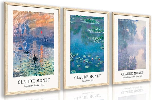 Cyebmo Vintage Botanical Wall Art Set of 3, Claude Monet Water Lilies Art Prints, Impression Sunrise Water Lilies Seine River Poster Prints for Living Room Bedroom Bathroom Wood Framed 16"x24"x3