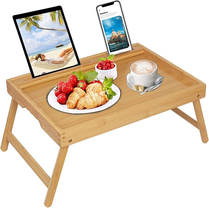 Bed Tray Table with Foldable Legs, Breakfast Food Trays for Eating on Couch with Media Slot for Bed, Eating, TV Tray, Kitchen Serving Tray(Bamboo, Medium)
