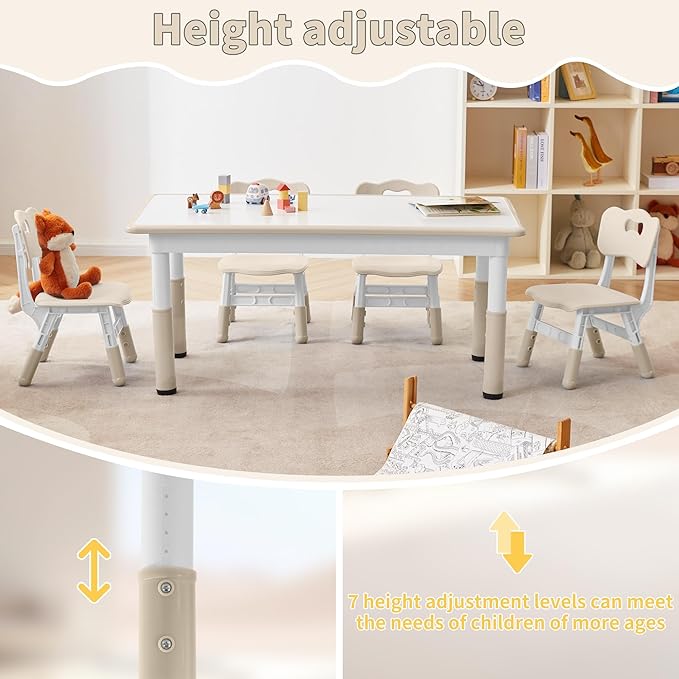 Adjustable Kids Table, Arts and Crafts Child Table with Graffiti Desktop, 7 Level Height Adjustable Children Table for Ages 3-8, Easy to Wipe Toddler Desk for Classrooms/Daycares/Homes
