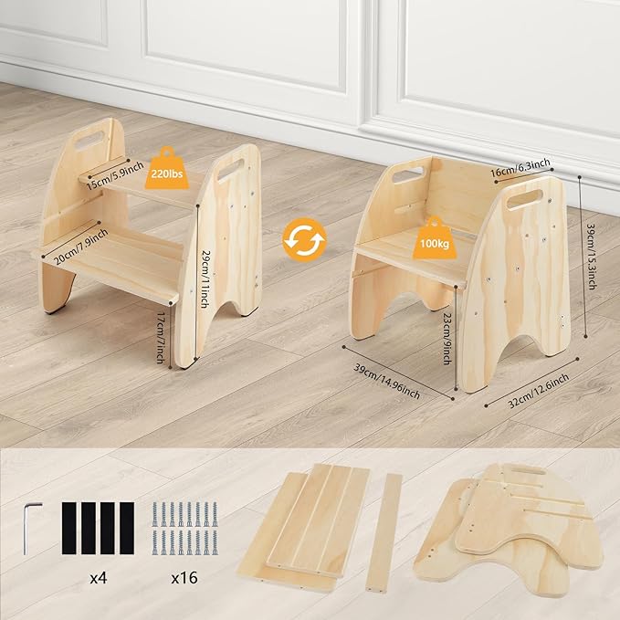 comfoyar 2 in 1 Toddler Step Stool, Wooden 2 Step Stool for Kids with Handles and Anti Slip Pad, Convertible Back Chair, Height Adjustable Potty Training Helper Stool for Bathroom Sink, Bedroom