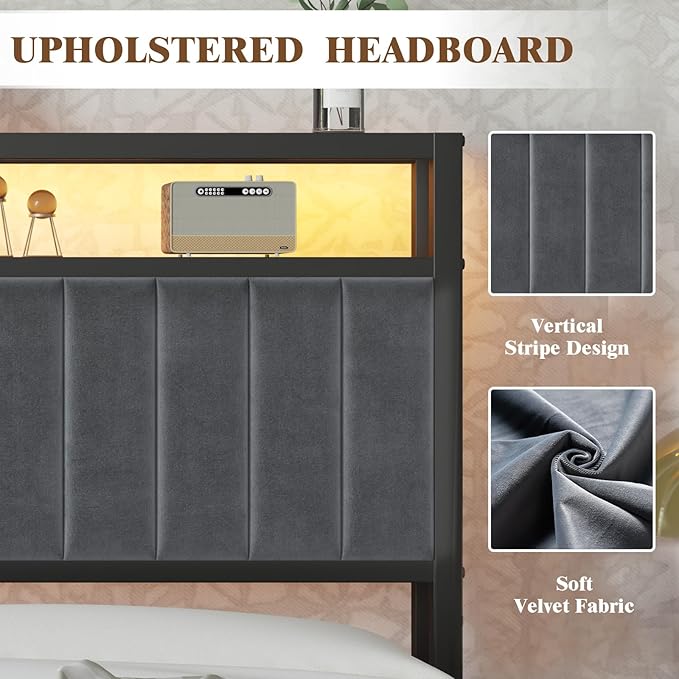 King Bed Frame with LED Light and Charging Station, Velvet Upholstered Headboard with Storage Shelf, Heavy Duty Metal Slats/No Box Spring Needed/Easy Assembly, Grey