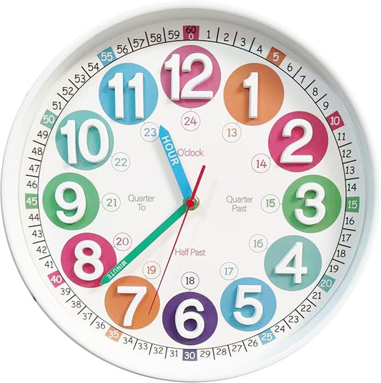 Learning Time Clock for Kids,12 Inch 3D Numbers Colorful Face Silent Clocks，Bedroom,Kitchen,Classroom,Décor at School, Clear Digital Wall Clock for Kids Room (3D White Classic)