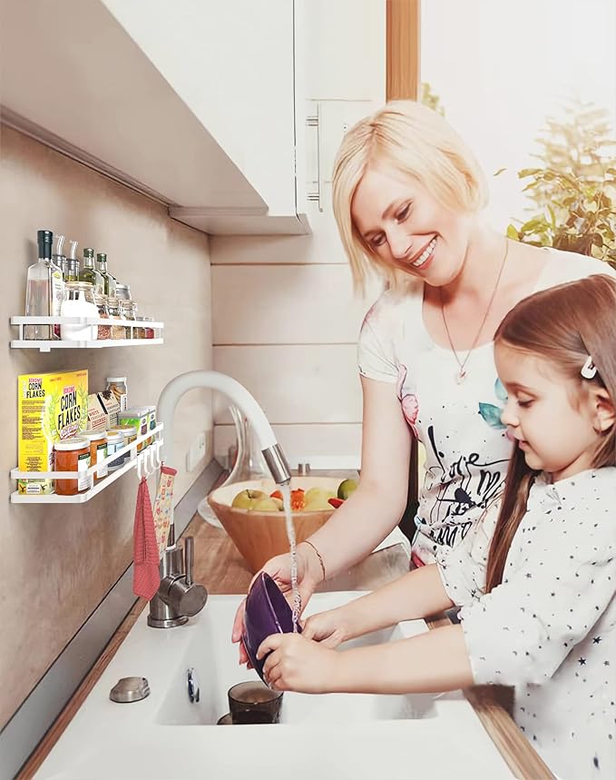 Spice Rack Organizer Wall Mount - 15.7in 2Pack [Upgraded Version] Hanging Seasoning Organizer Shelf with Paper Towel Holder, Storage for Cabinet or Wall Mounted with 4 Strong Hooks (Rice white)