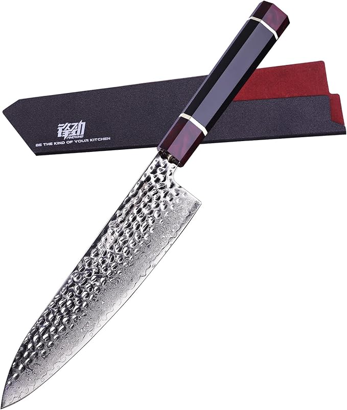 FINDKING Eternity Series Japanese Chef Knife with ABS sheath, Professional Kitchen Knife, 9Cr18MoV Damascus Steel Blade, Resin Octagonal Handle, Sharp, for Meat Cutting, 8 Inches