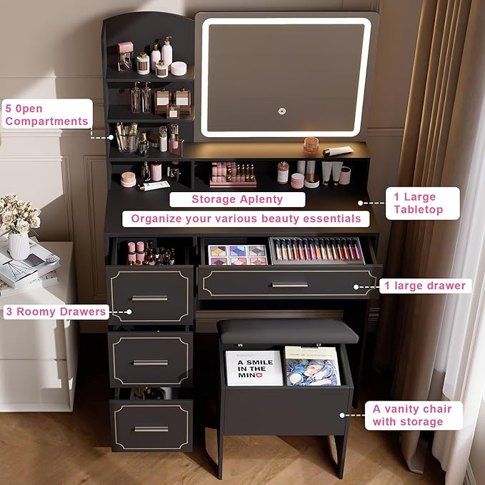 Vanity Table with LED Mirror & Power Outlet - 5 Open Shelves, 4 Drawers - Includes Padded Stool - Ideal Bedroom Makeup Dressing Table （Black）