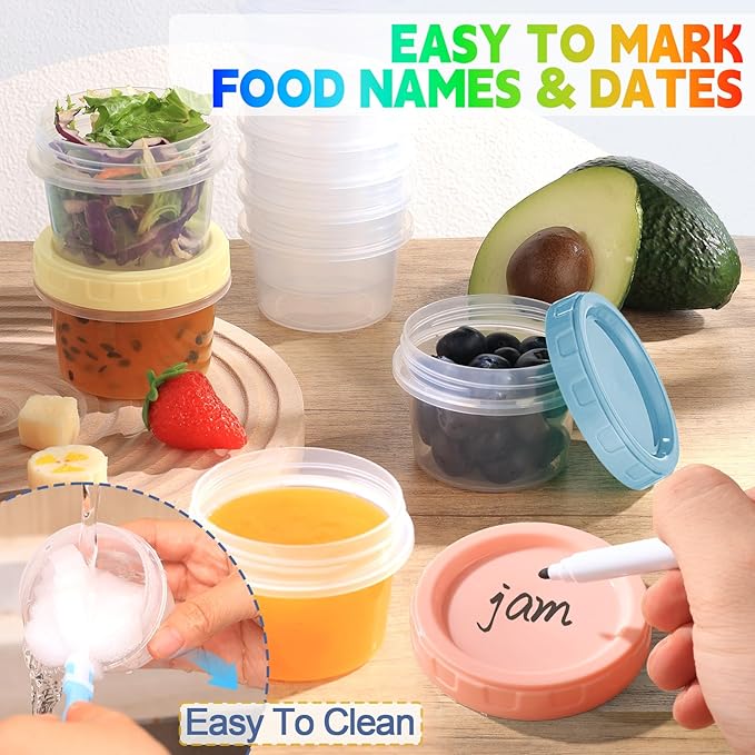 6pcs 4 oz Plastic Containers with Screw Lids, Reusable 1/2 Cup Small Food Storage Containers, Leakproof, Microwave Dishwasher Freezer Safe, with Pen and Brush