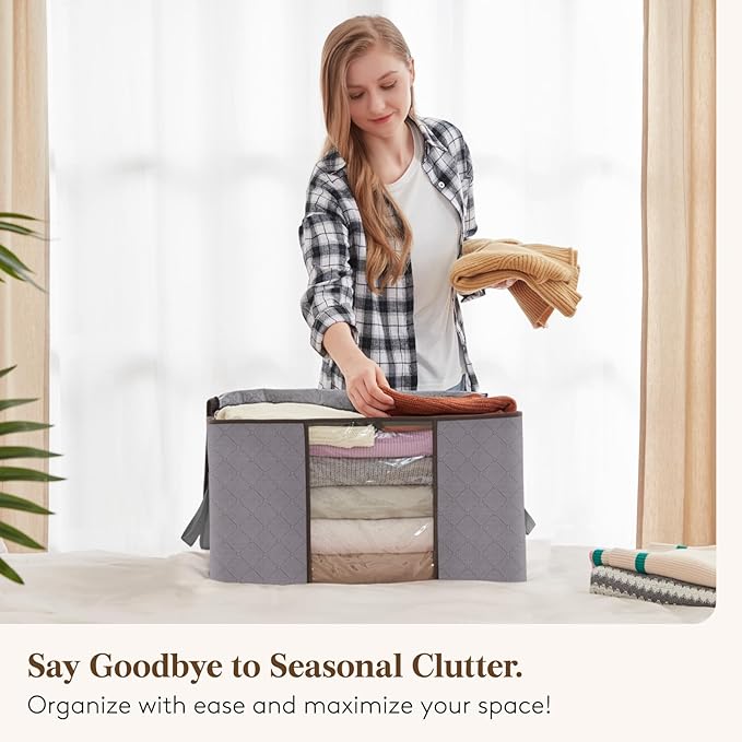 Lifewit 6 Pack Clothes Storage, Foldable Storage and Organization, Storage Bins with Lids, Blanket Storage with Clear Window, Closet Storage with Reinforced Handles for Clothing, Bedding, Light Gray